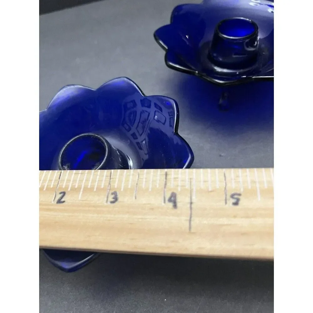 Vintage Fenton Cobalt Blue Glass Lotus Footed Candlestick Holders – Set of 2